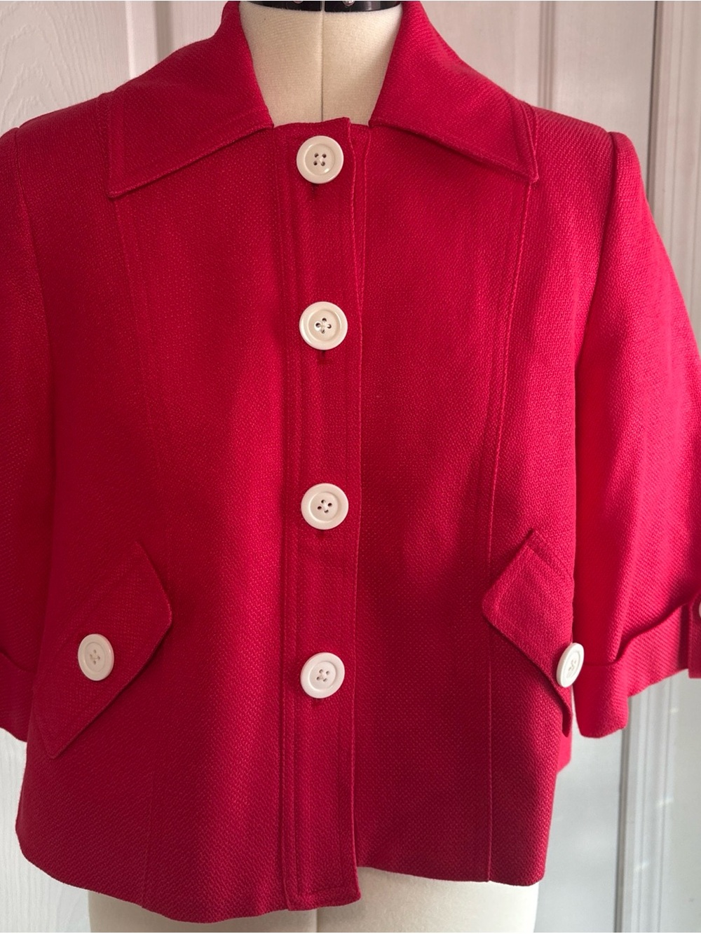 Vibrant Red Short-Sleeve Boxy Button Blazer babydoll cropped 3/4 sleeve coquette